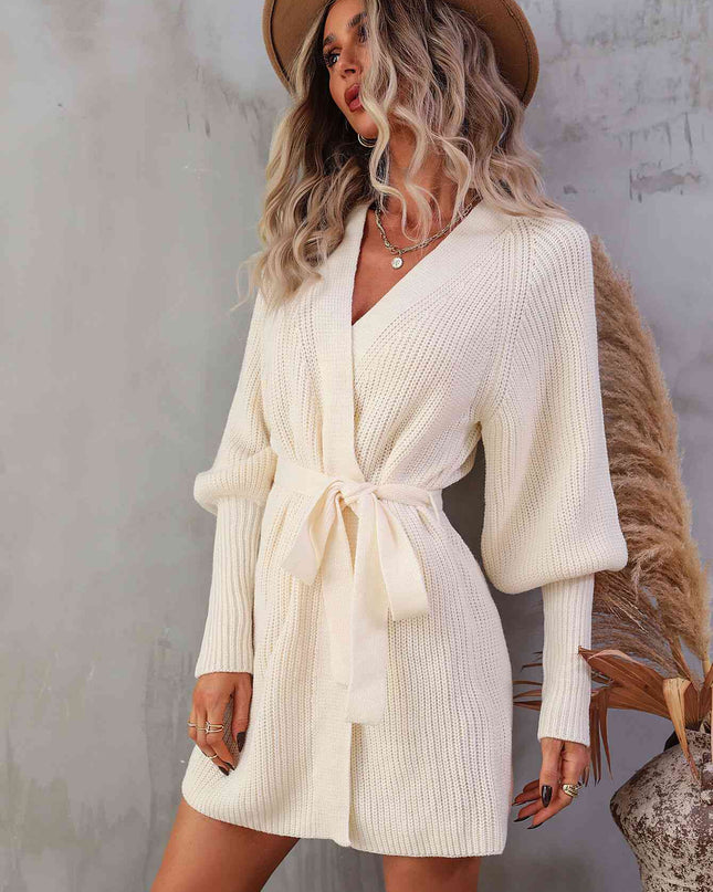 Belted Surplice Lantern Sleeve Wrap Sweater Dress