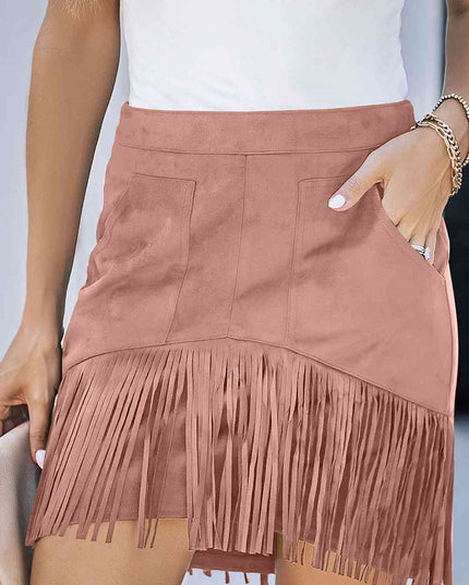Fringe Detail Zip-Back Skirt with Pockets