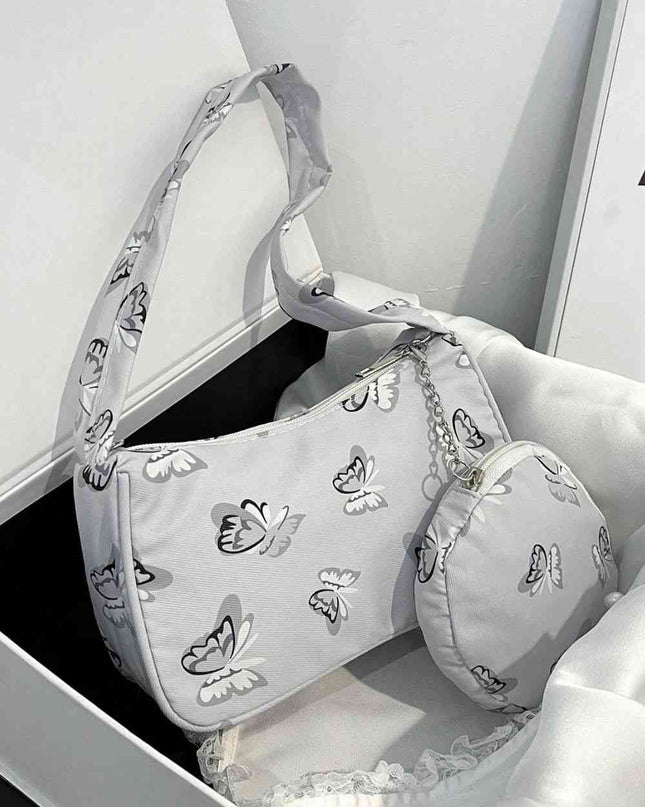 Butterfly Print Shoulder Bag with Purse