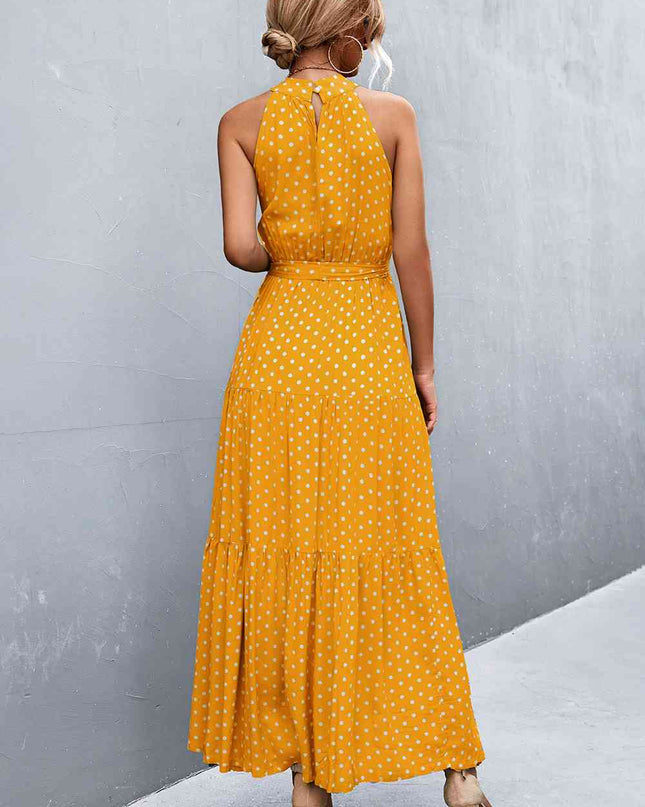 Printed Sleeveless Tie Waist Maxi Dress