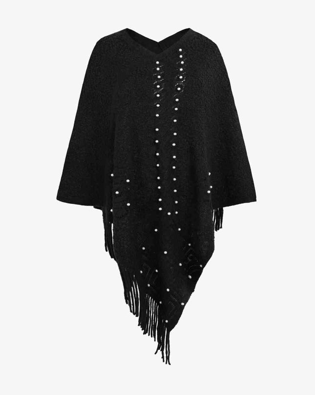 Pearl Trim Fringe Hem Poncho