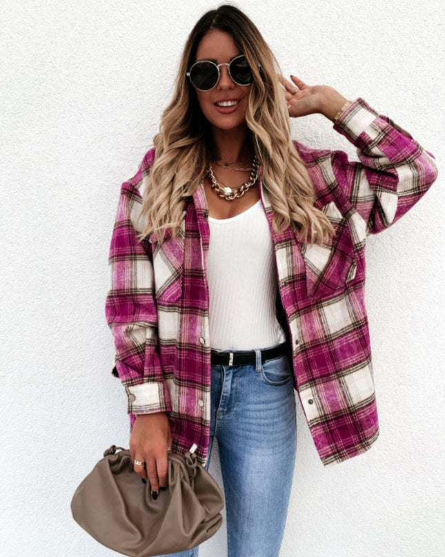 Pocketed Plaid Snap Down Dropped Shoulder Jacket