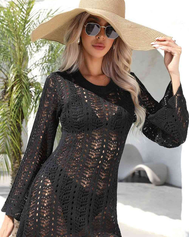 Openwork Scalloped Trim Long Sleeve Cover-Up Dress