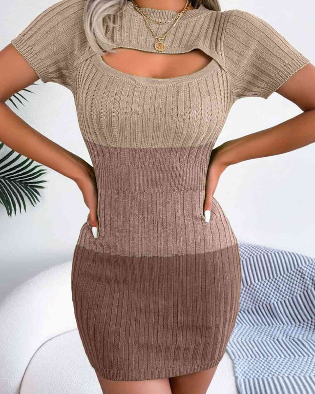 Color Block Cutout Short Sleeve Sweater Dress