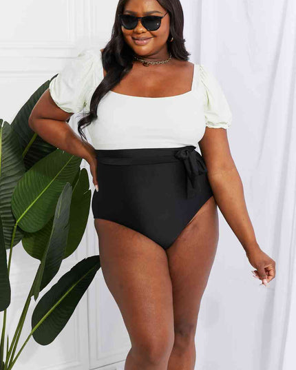 Marina West Swim Salty Air Puff Sleeve One-Piece in Cream/Black