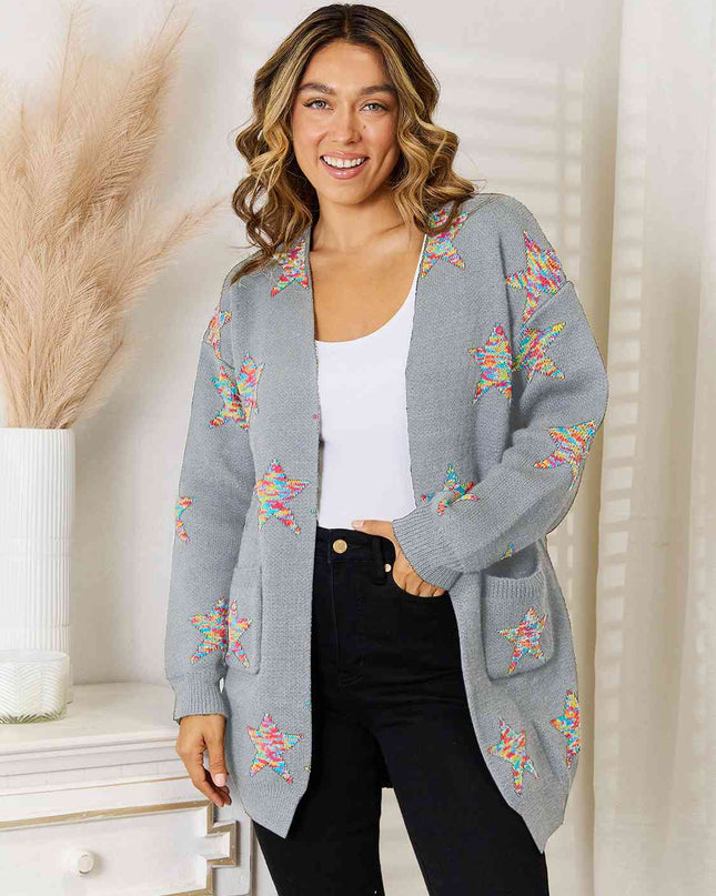 Star Pattern Open Front Cardigan with Pockets
