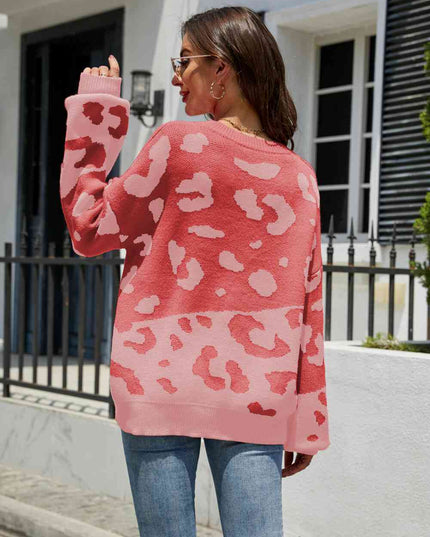 Woven Right Leopard Ribbed Trim Dropped Shoulder Sweater