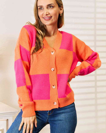 Woven Right Checkered V-Neck Dropped Shoulder Cardigan