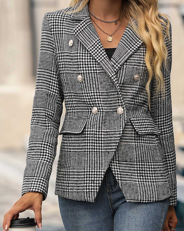 Houndstooth Buttoned Long Sleeve Blazer