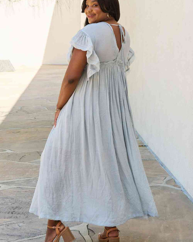 Sweet Lovely By Jen Full Size Drawstring Deep V Butterfly Sleeve Maxi Dress