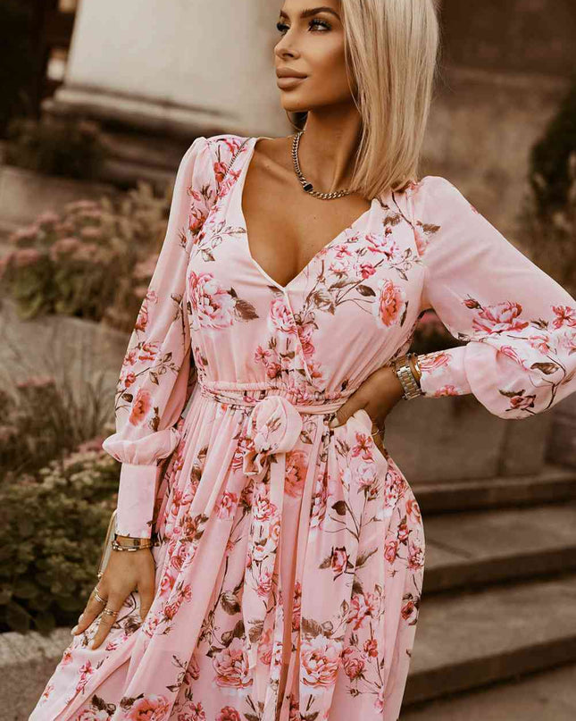 Floral Tie Belt Bishop Sleeve Slit Maxi Dress