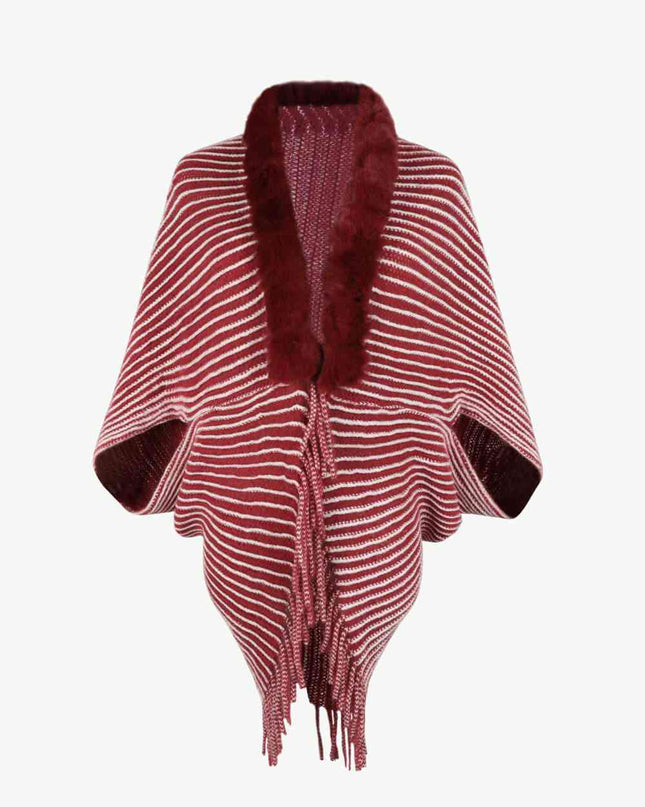 Striped Open Front Fringe Poncho