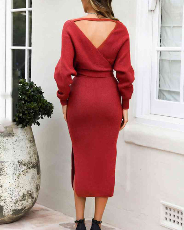 Surplice Neck Bow Waist Slit Sweater Dress