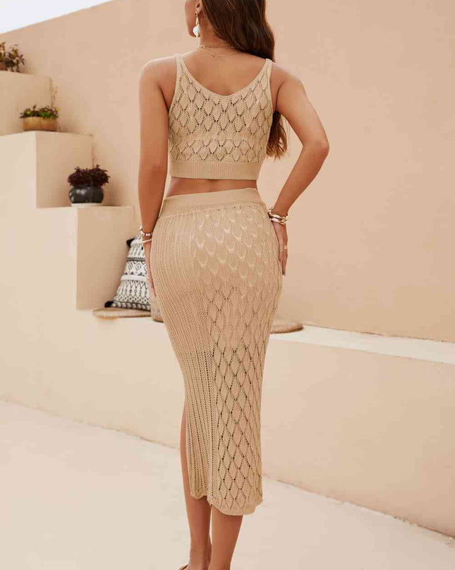 Openwork Cropped Tank and Split Skirt Set