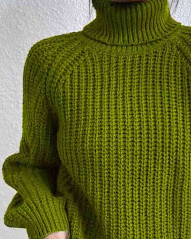 Full Size Turtleneck Rib-Knit Slit Sweater