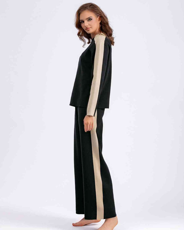 Contrast Sweater and Knit Pants Set