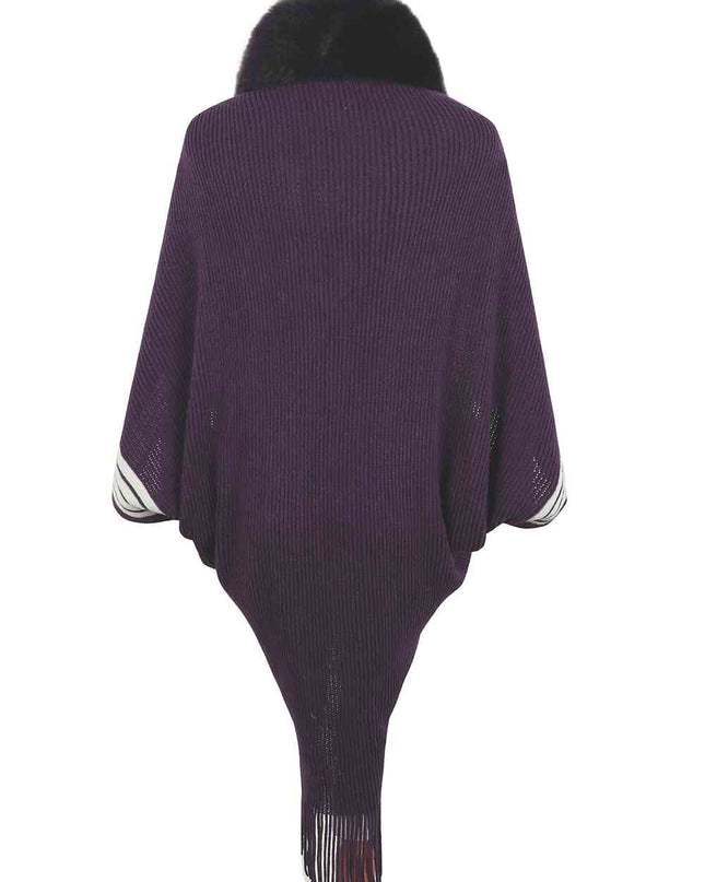 Striped Fringe Detail Long Sleeve Poncho