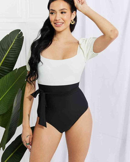 Marina West Swim Salty Air Puff Sleeve One-Piece in Cream/Black