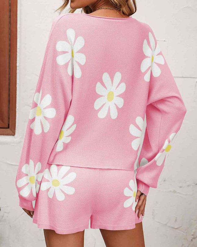Floral Print Raglan Sleeve Knit Top and Tie Front Sweater Shorts Set