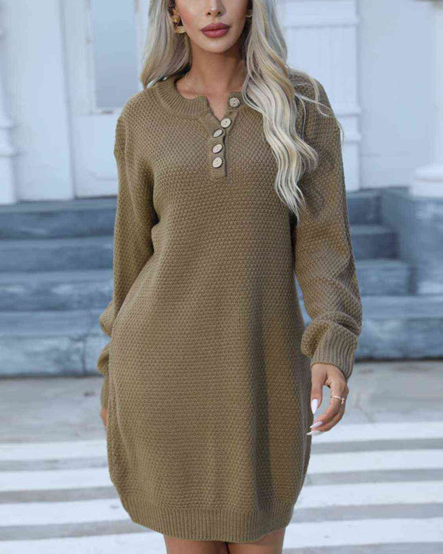 Buttoned Round Neck Long Sleeve Sweater Dress