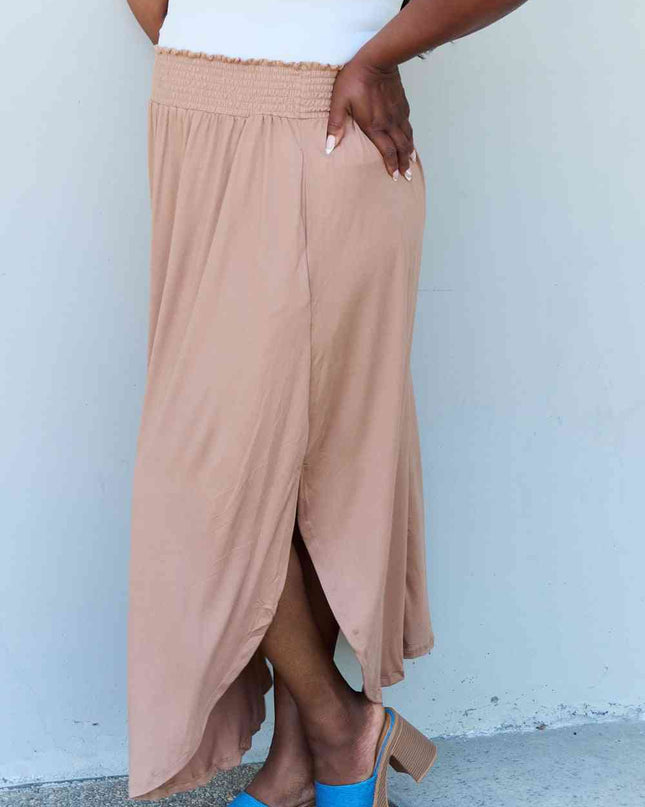 Doublju Comfort Princess Full Size High Waist Scoop Hem Maxi Skirt in Tan