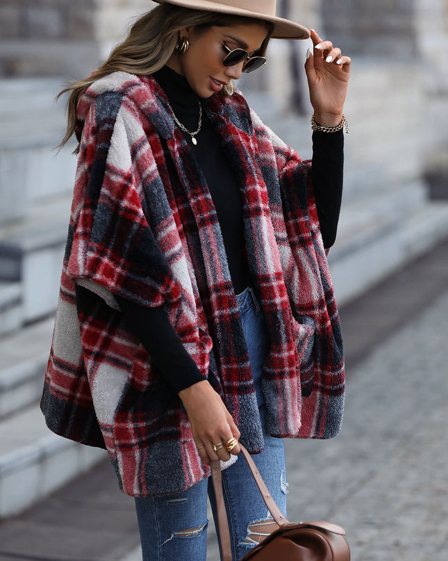 Plaid Hooded Coat with Pockets