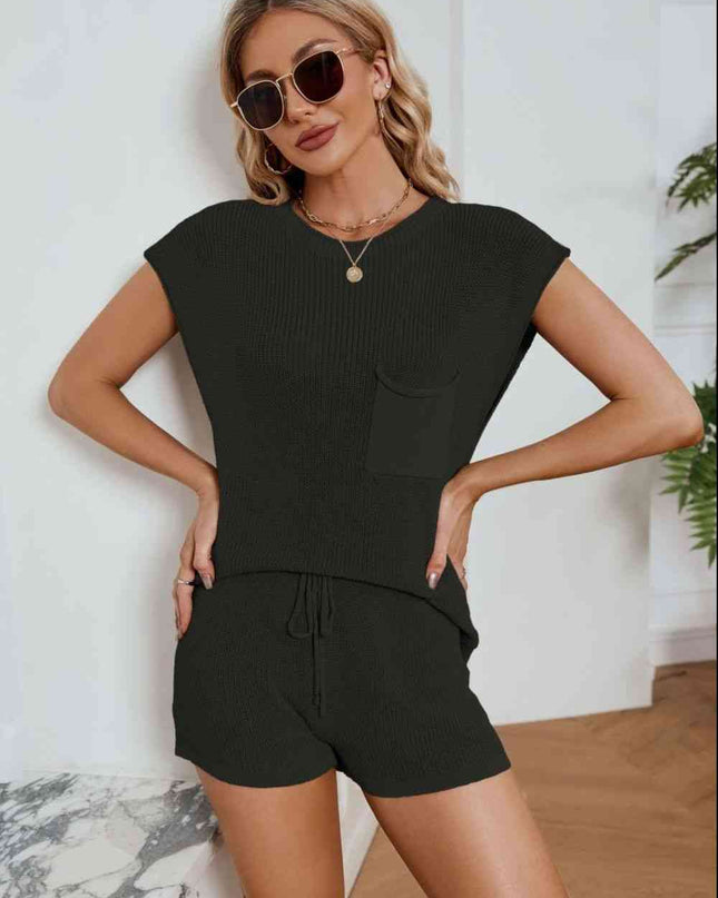 Ribbed Round Neck Pocket Knit Top and Shorts Set