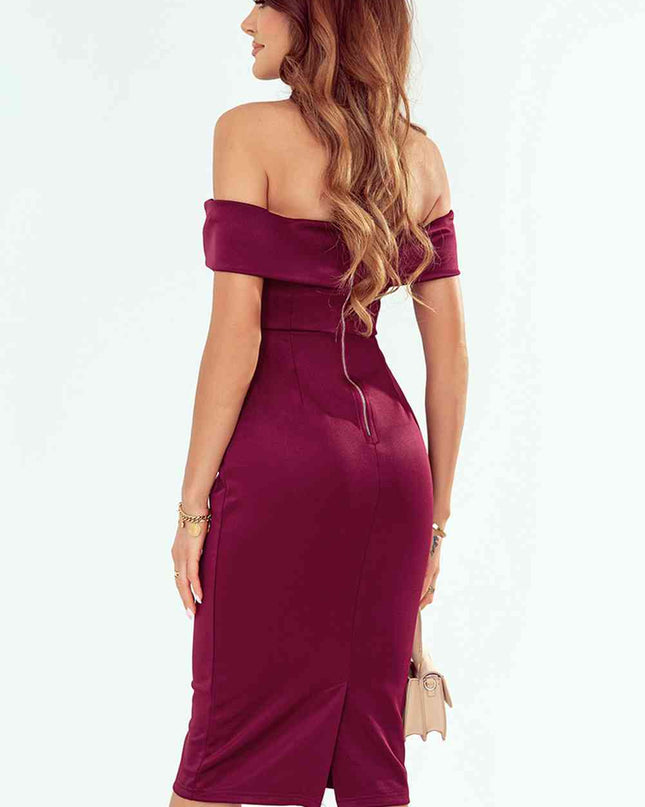 Off-Shoulder Zip-Back Slit Dress