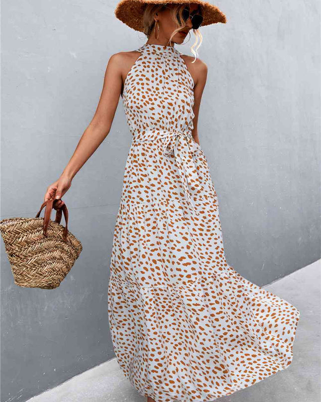 Printed Sleeveless Tie Waist Maxi Dress