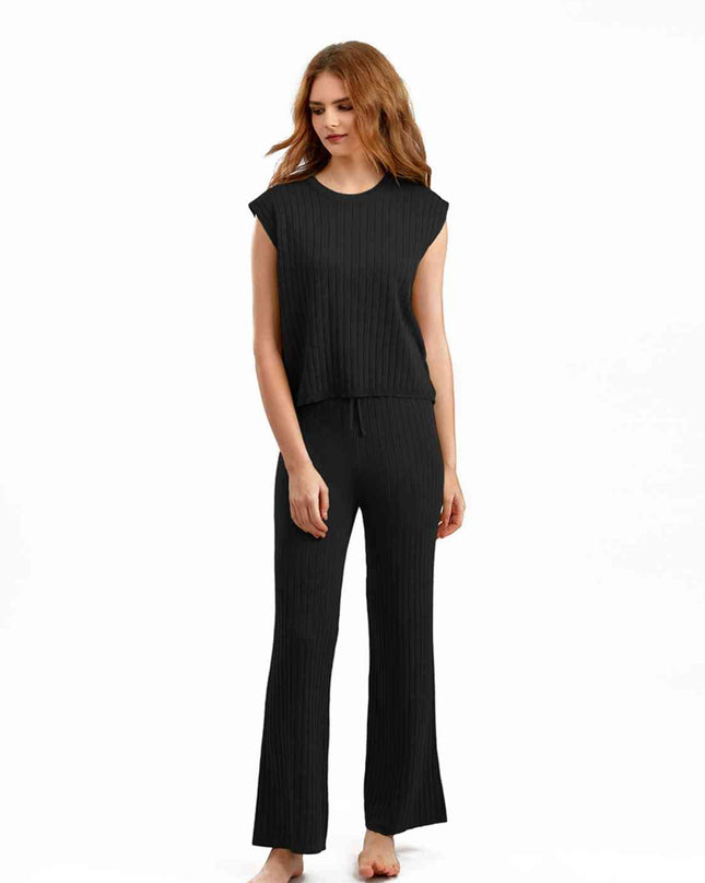Ribbed Sweater Vest and Drawstring Knit Pants Set