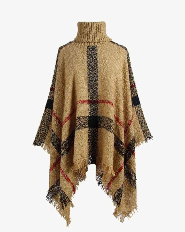 Plaid Turtleneck Raw Hem Poncho