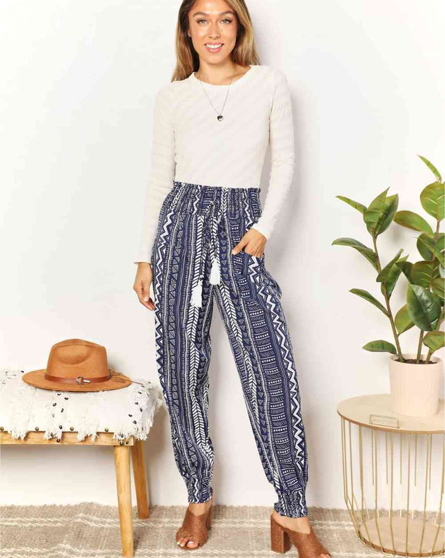 Double Take Geometric Print Tassel High-Rise Pants
