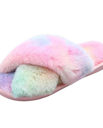 Faux Fur Crisscross Strap Slippers