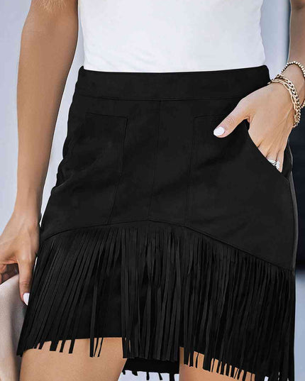 Fringe Detail Zip-Back Skirt with Pockets