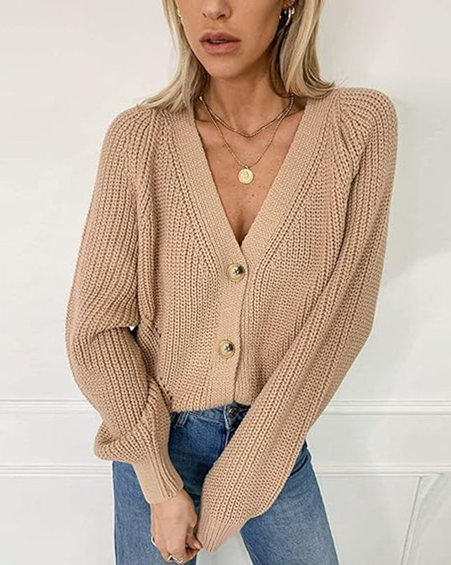 Button Up V-Neck Long Sleeve Cardigan
