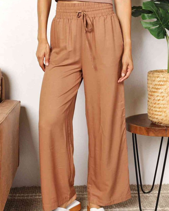 Double Take Drawstring Smocked Waist Wide Leg Pants