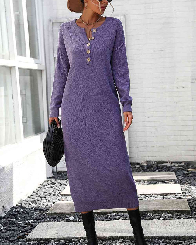 Notched Neck Dropped Shoulder Button-Down Midi Dress