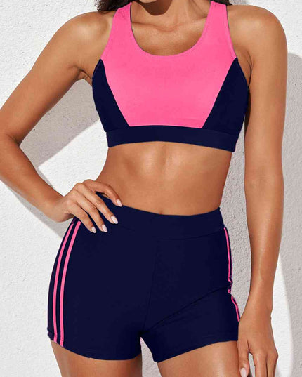 Printed Scoop Neck Back Crisscross Swim Set