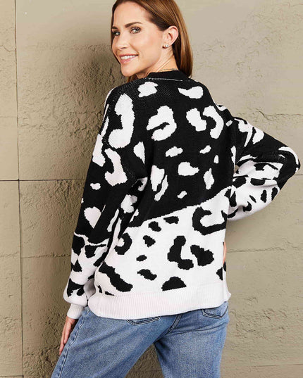 Woven Right Leopard Ribbed Trim Dropped Shoulder Sweater