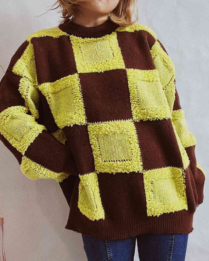 Checkered Round Neck Long Sleeve Sweater