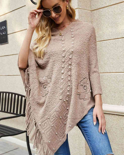Pearl Trim Fringe Hem Poncho