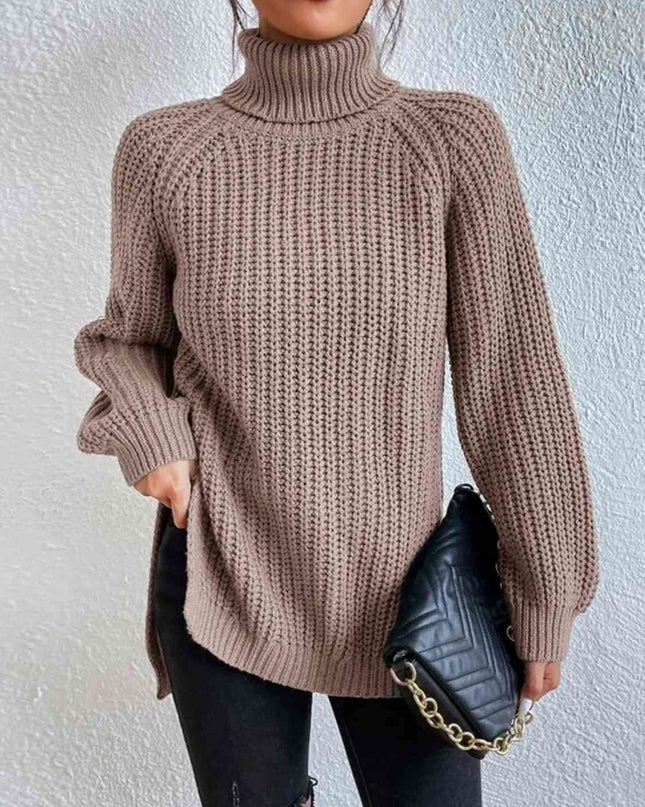Full Size Turtleneck Rib-Knit Slit Sweater