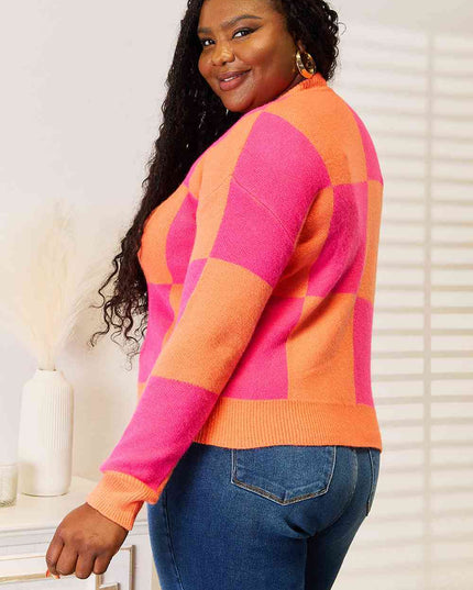 Woven Right Checkered V-Neck Dropped Shoulder Cardigan
