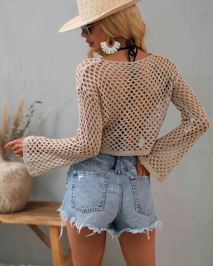 Openwork Flare Sleeve Cropped Cover Up