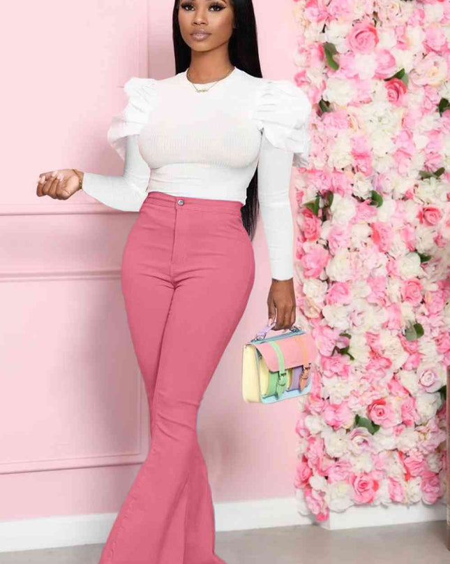 Leg-Of-Mutton Sleeve Top and Flare Pants Set