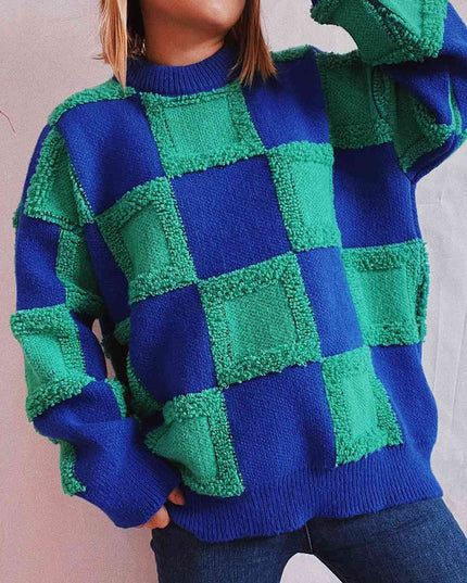 Checkered Round Neck Long Sleeve Sweater