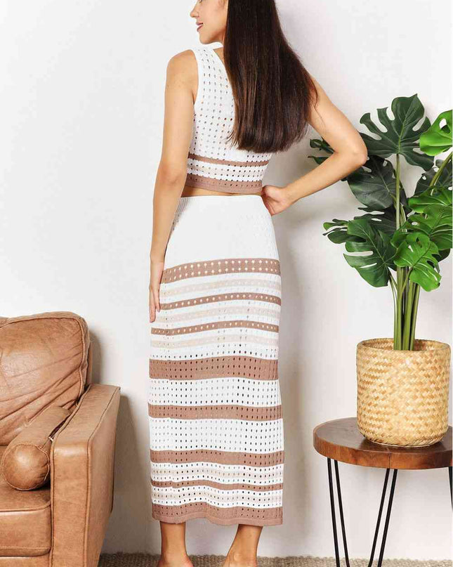 Double Take Striped Openwork Cropped Tank and Split Skirt Set