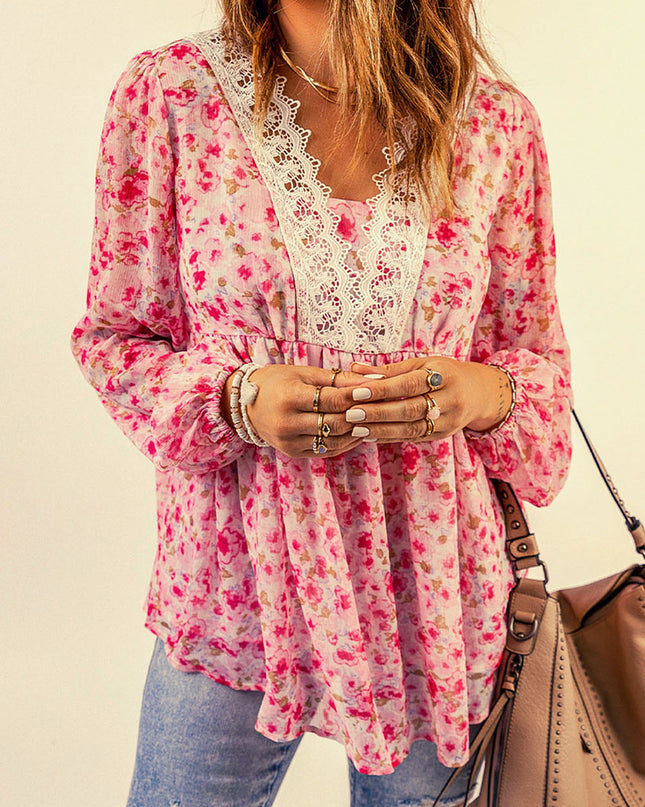 Floral Lace Trim Balloon Sleeve Blouse