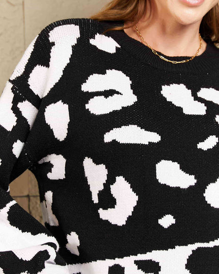 Woven Right Leopard Ribbed Trim Dropped Shoulder Sweater