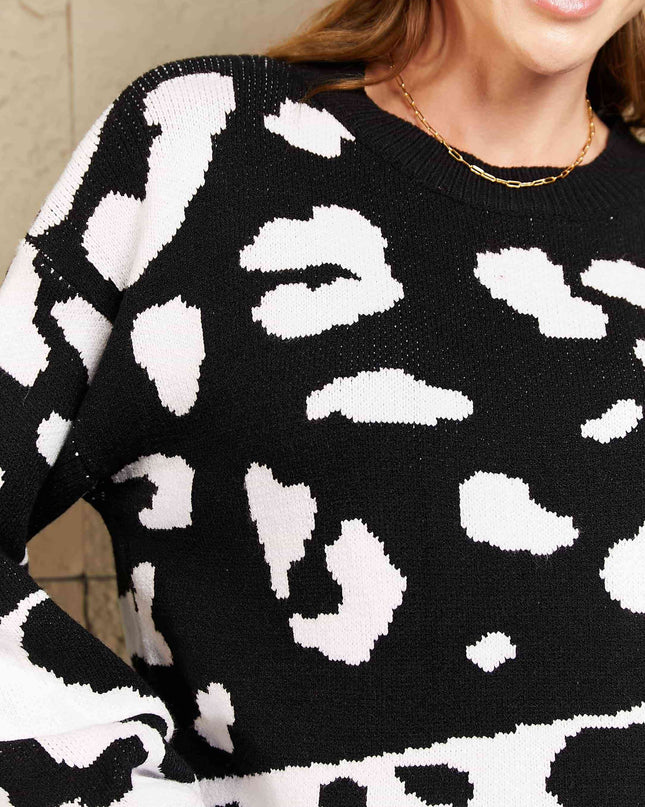 Woven Right Leopard Ribbed Trim Dropped Shoulder Sweater